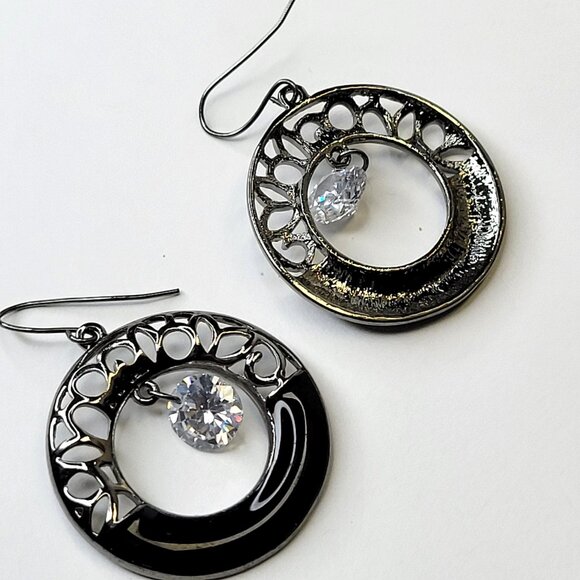 Black Filigree Round Earrings Black and Silver tone Dangle Earrings - Picture 8 of 11